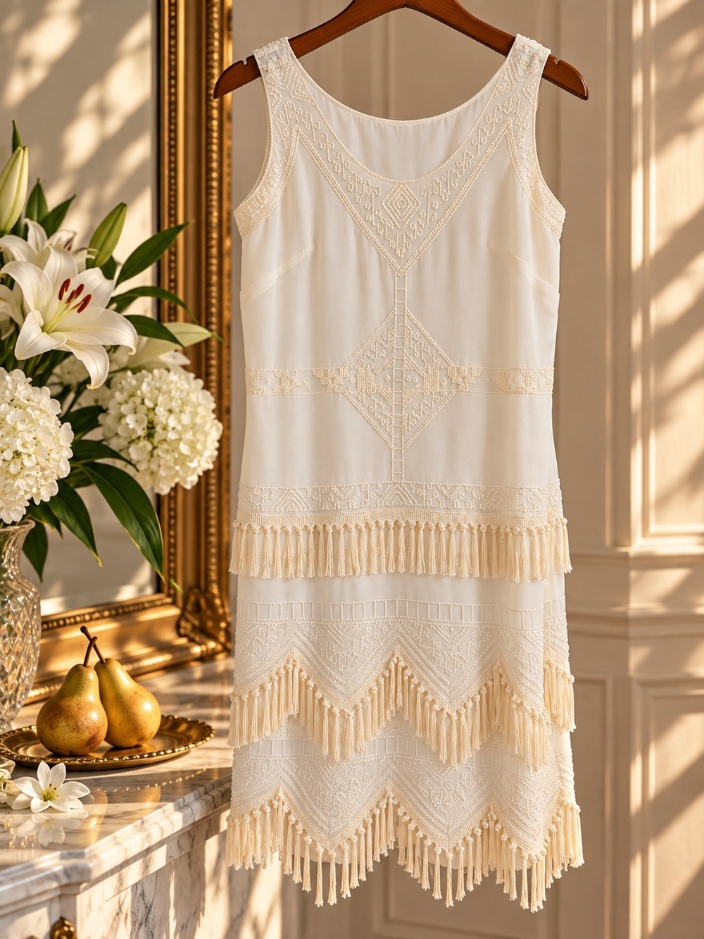 French Connection Art Deco Beaded Fringe Mini Dress • Gatsby Flapper Style •